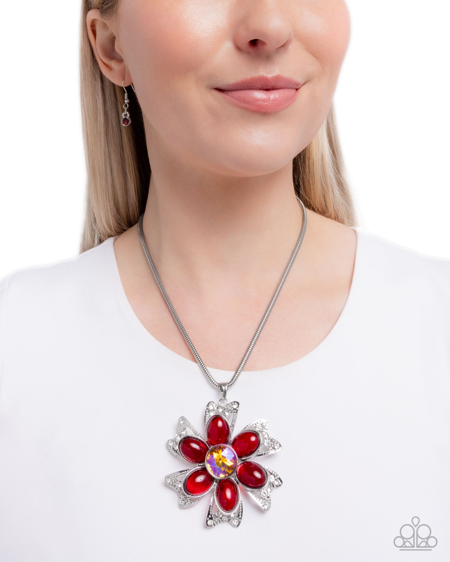 Floral Figurehead - Red Transparent Bead, Iridescent Gem, Silver Flower Necklace - Paparazzi Accessories