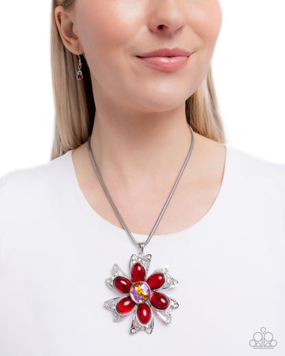 Floral Figurehead - Red Transparent Bead, Iridescent Gem, Silver Flower Necklace - Paparazzi Accessories