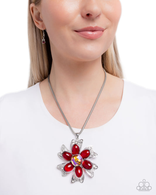 Floral Figurehead - Red Transparent Bead, Iridescent Gem, Silver Flower Necklace - Paparazzi Accessories
