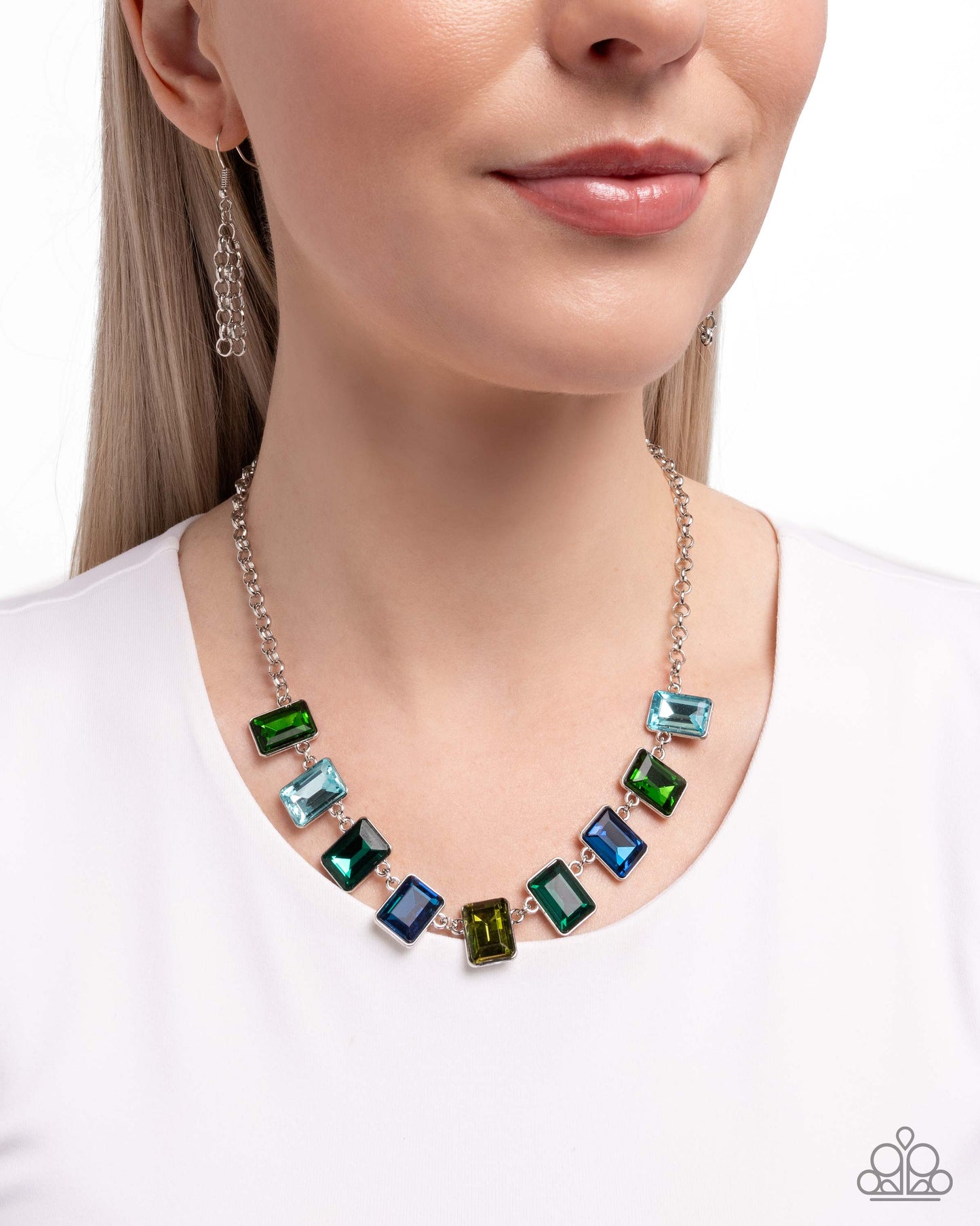 Radiant Rectangles - Green and Blue Rhinestone Necklace - Paparazzi Accessories