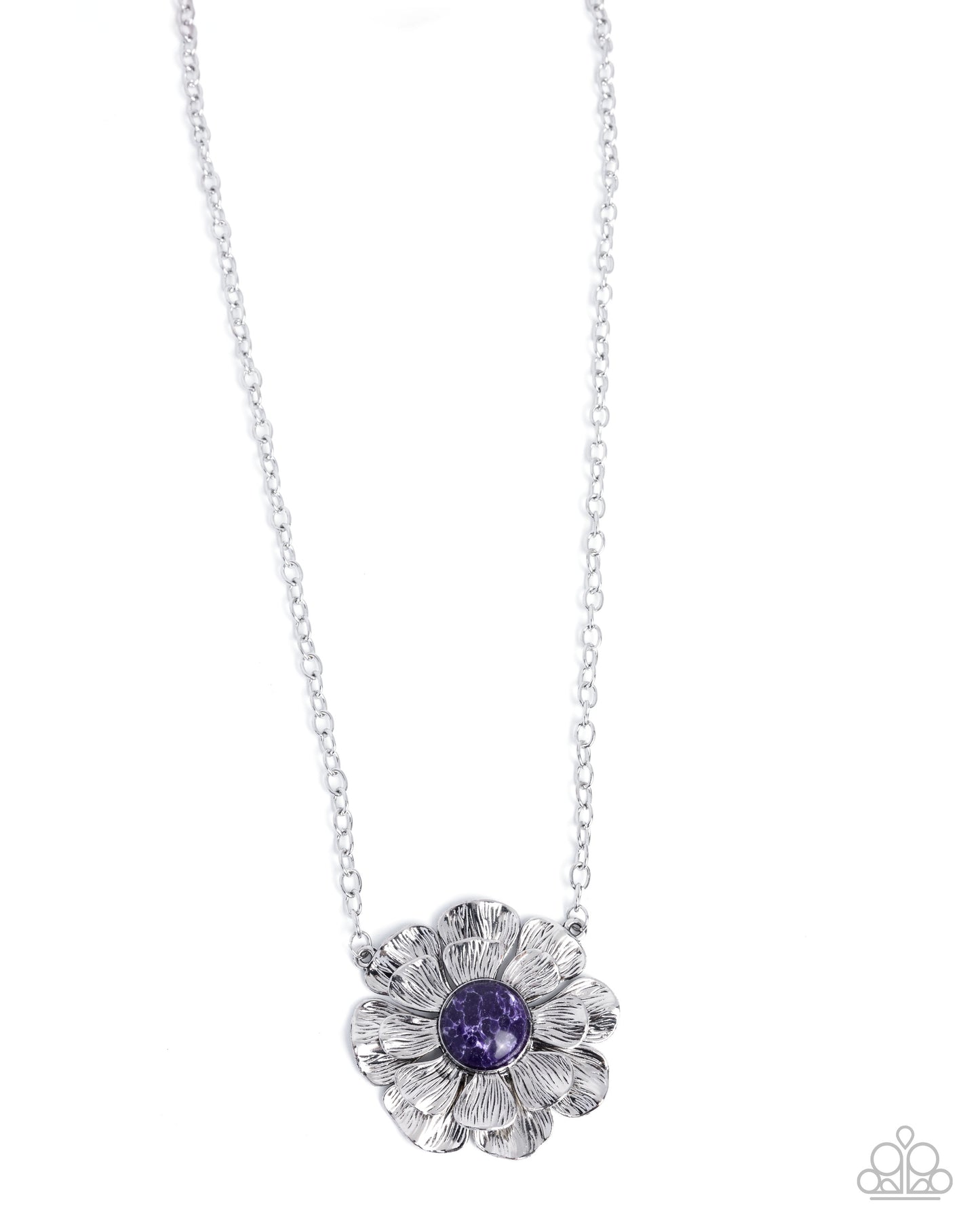 Floral Form - Purple Crackle Stone Silver Flower Pendant Necklace - Paparazzi Accessories