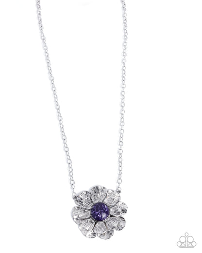 Floral Form - Purple Crackle Stone Silver Flower Pendant Necklace - Paparazzi Accessories