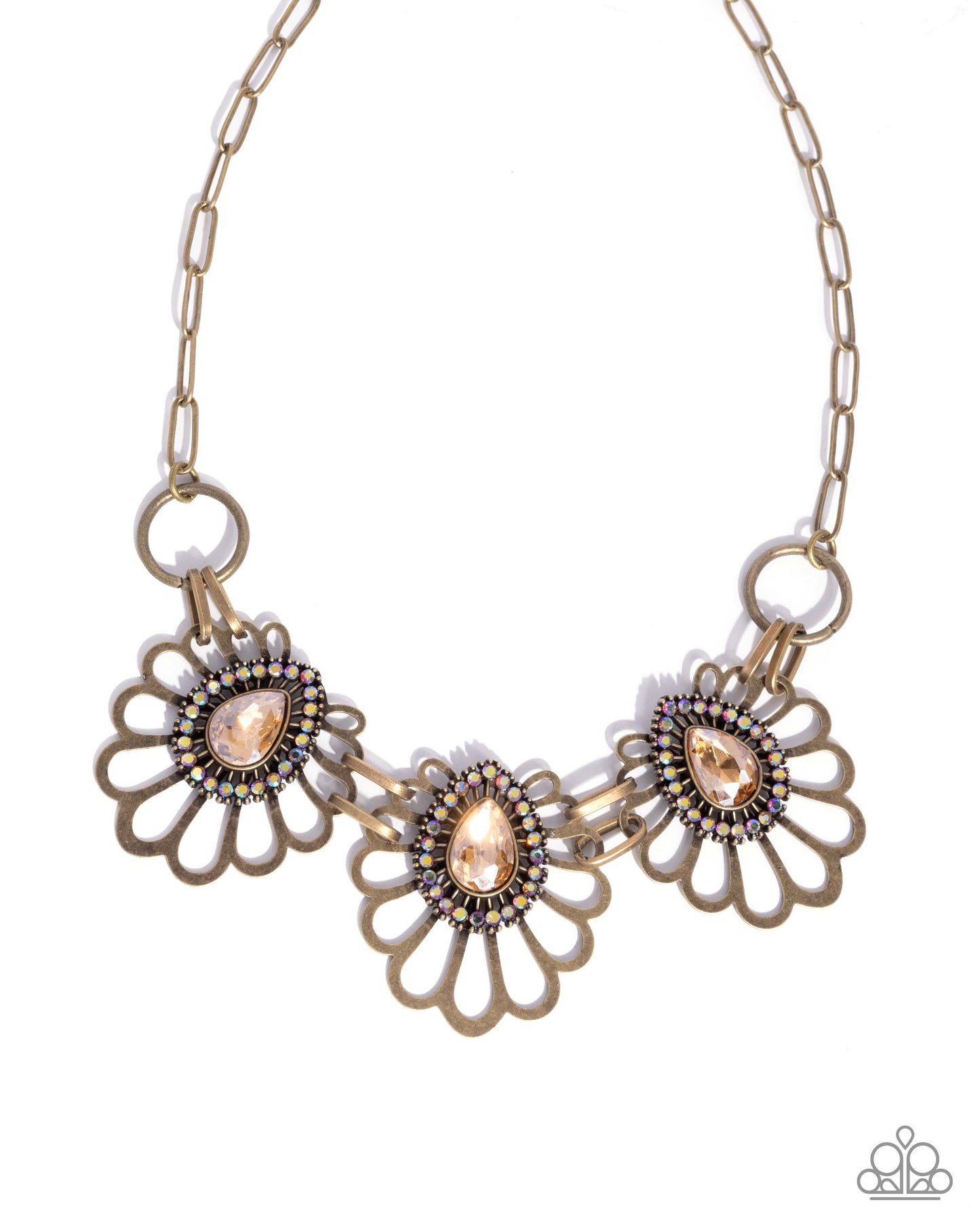 Teardrop Timeline - Brass - Champagne Teardrop Gem Necklace - Paparazzi Accessories