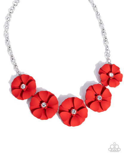 Passionate Poppy - Red Matte Flower Petals Silver Necklace - Paparazzi Accessories