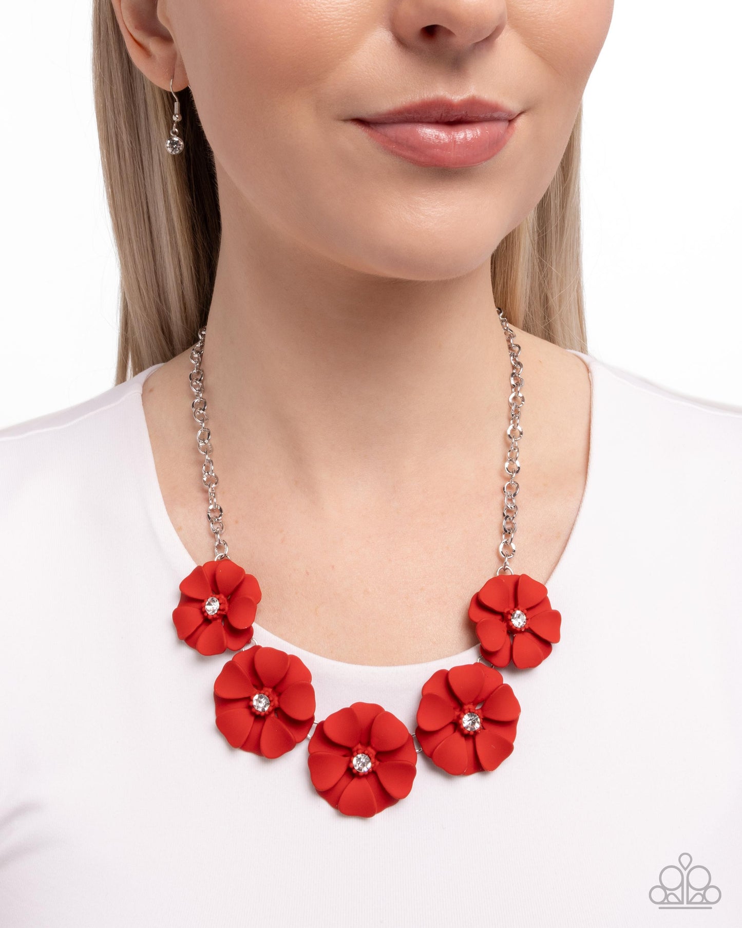 Passionate Poppy - Red Matte Flower Petals Silver Necklace - Paparazzi Accessories