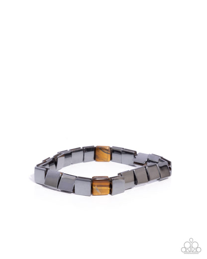 Sporadic Squares - Brown Tigers Eye Stone, Gunmetal Urban Stretchy Bracelet - Paparazzi Accessories