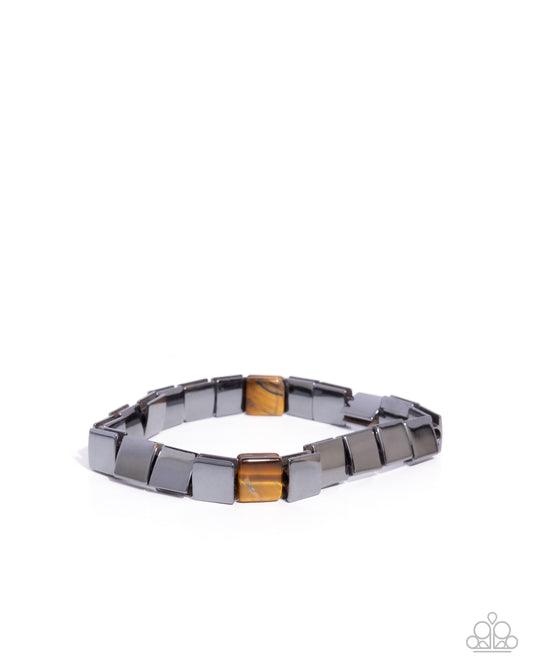 Sporadic Squares - Brown Tigers Eye Stone, Gunmetal Urban Stretchy Bracelet - Paparazzi Accessories