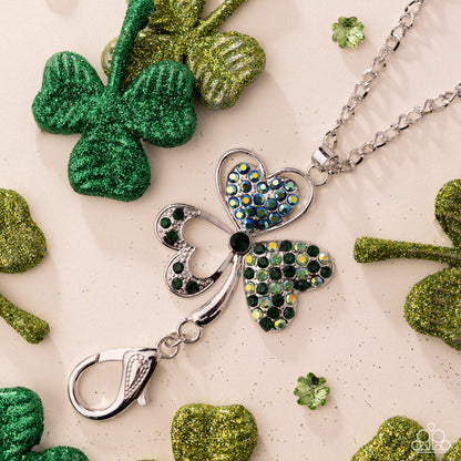 Opportune Opulence - Green Rhinestone, Silver Clover Lanyard - Paparazzi Accessories