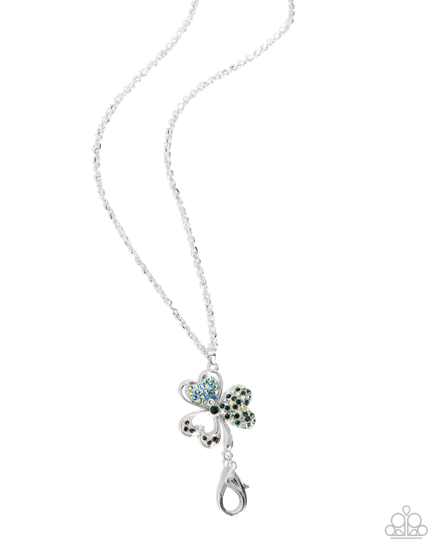 Opportune Opulence - Green Rhinestone, Silver Clover Lanyard - Paparazzi Accessories