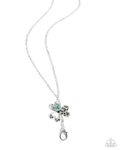 Opportune Opulence - Green Rhinestone, Silver Clover Lanyard - Paparazzi Accessories