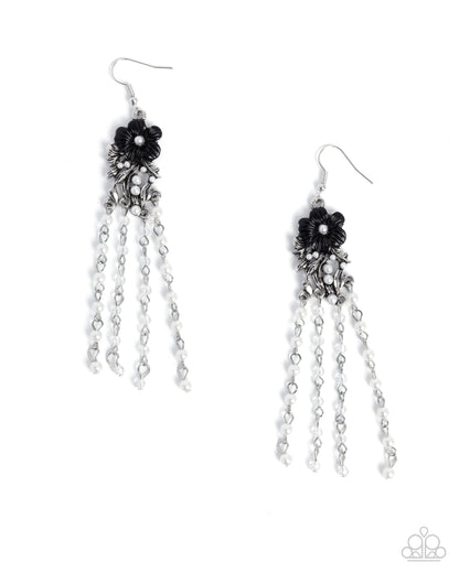 Flawless Floral - Black Flower White Pearl Silver Fishhook Earrings - Paparazzi Accessories