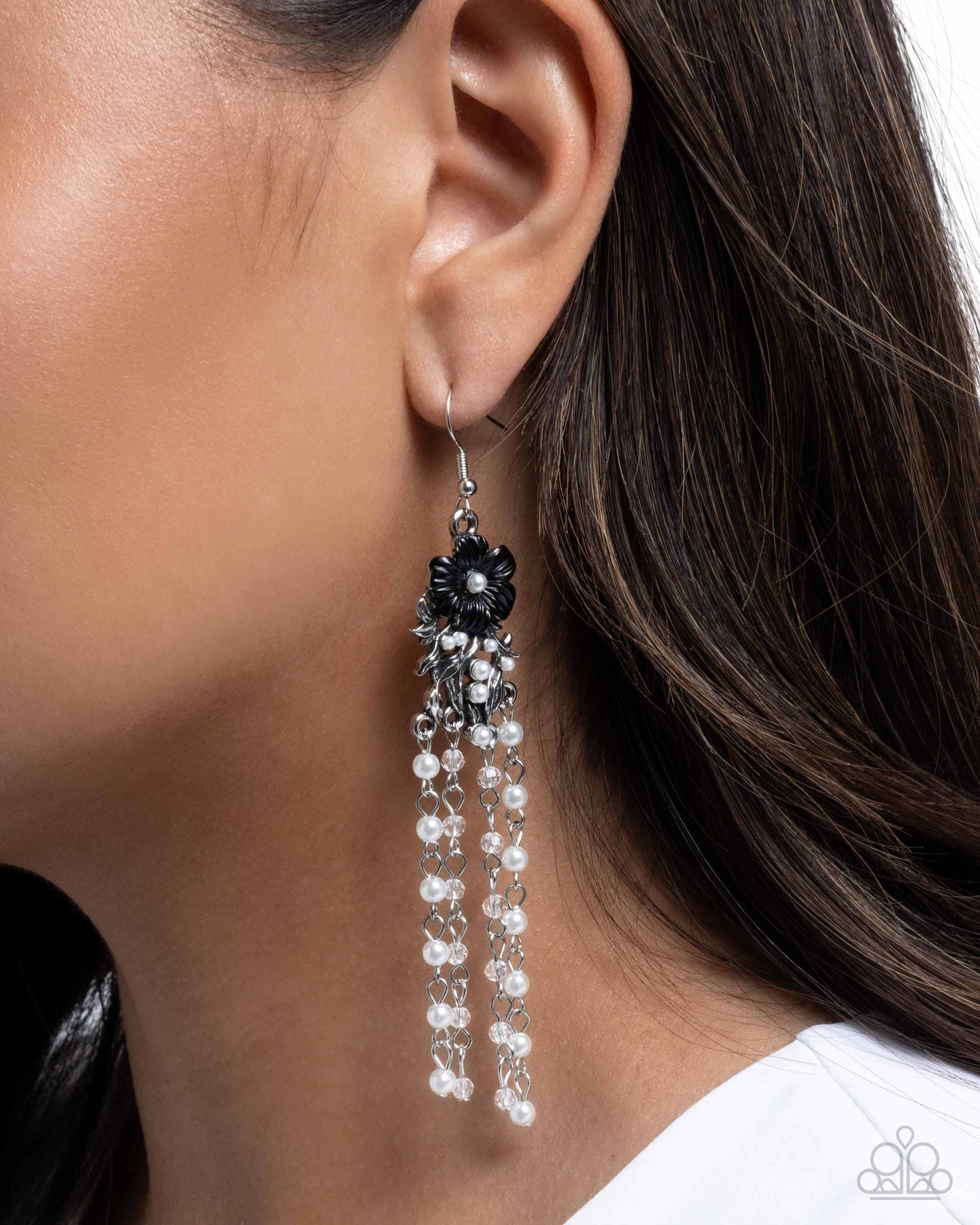 Flawless Floral - Black Flower White Pearl Silver Fishhook Earrings - Paparazzi Accessories