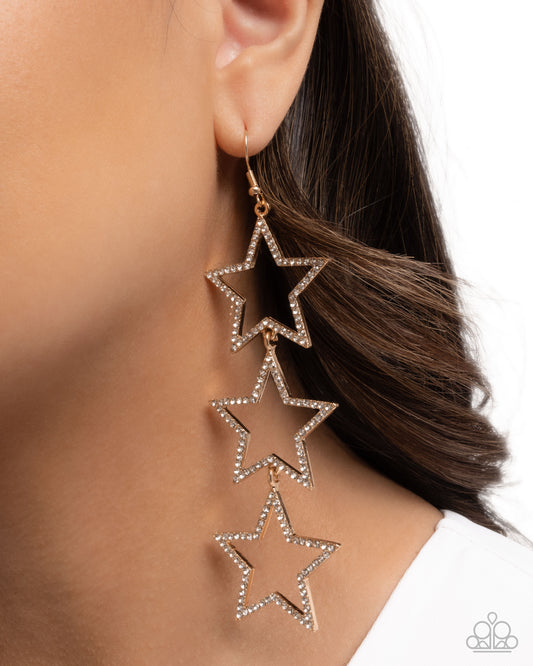 Star-Crossed Success - Gold & White Rhinestone Fishhook Earrings - Paparazzi Accessories