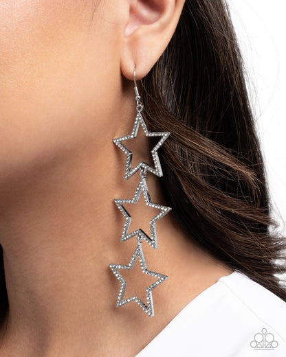 Star-Crossed Success - Silver and White Rhinestone Fishhook Back Earrings - Paparazzi Accessories