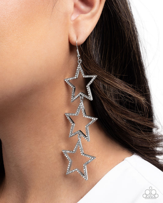 Star-Crossed Success - Silver and White Rhinestone Fishhook Back Earrings - Paparazzi Accessories