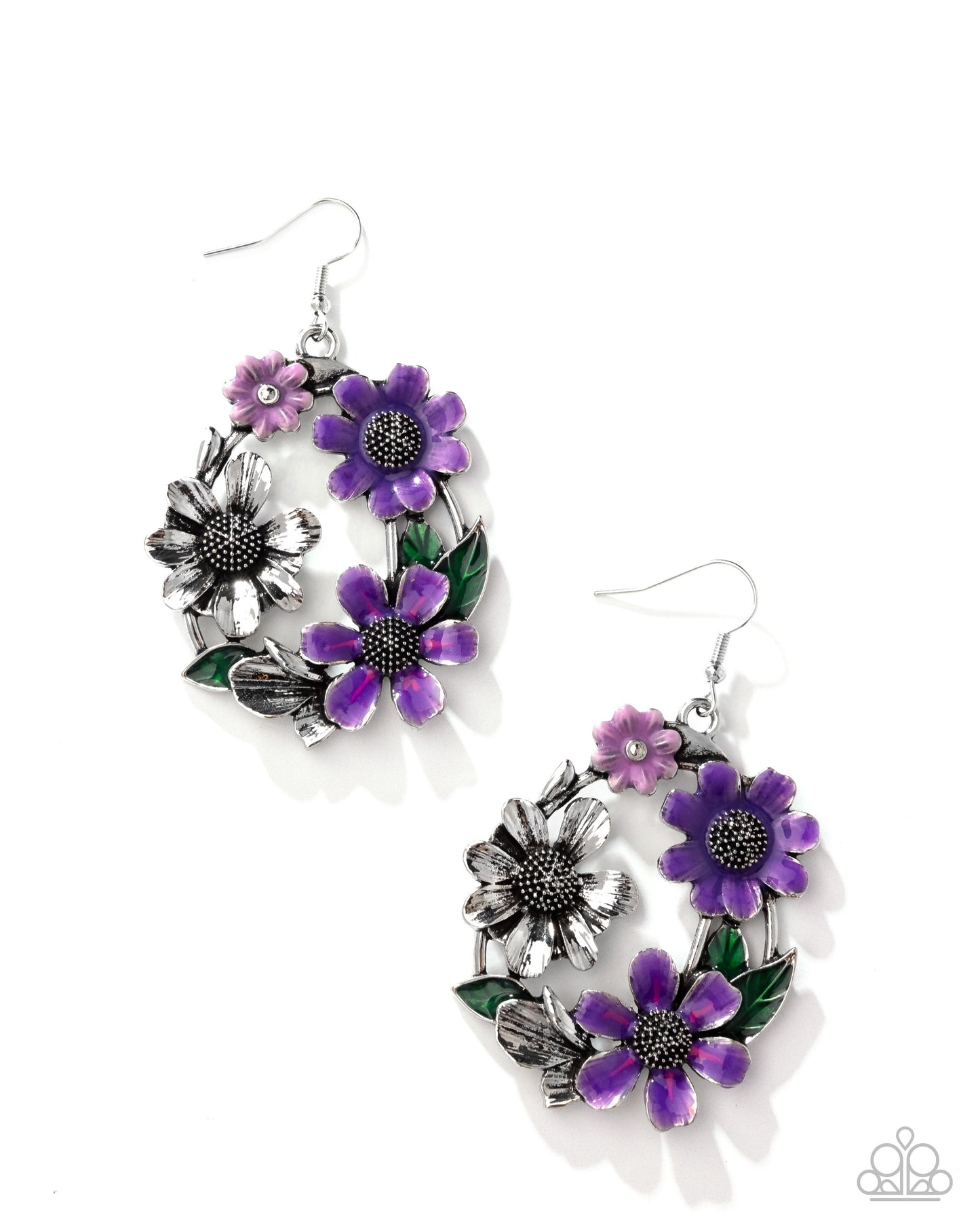 Wreathed Weekday - Purple Enamel Flower Silver Fishhook Earrings - Paparazzi Accessories