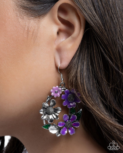 Wreathed Weekday - Purple Enamel Flower Silver Fishhook Earrings - Paparazzi Accessories