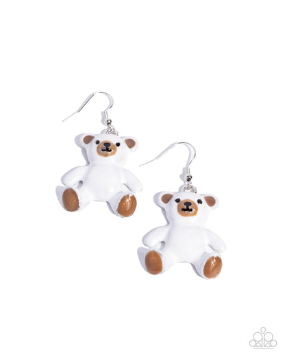 Teddy Trinket - White & Brown Enamel Bear Silver Fishhook Earrings - Paparazzi Accessories