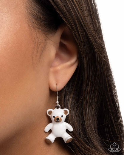 Teddy Trinket - White & Brown Enamel Bear Silver Fishhook Earrings - Paparazzi Accessories