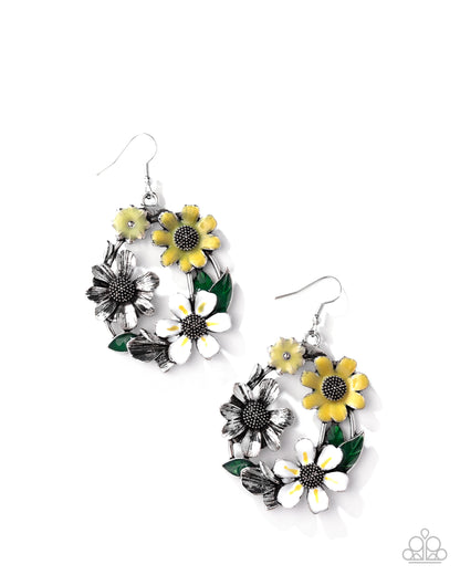 Wreathed Weekday - Yellow Flower Earrings - Paparazzi Accessories