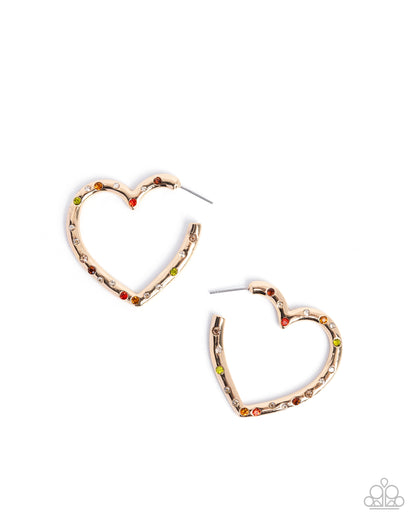 Mosaic Matchmaker - Multi Rhinestone, Gold Heart Hoop Earrings - Paparazzi Accessories