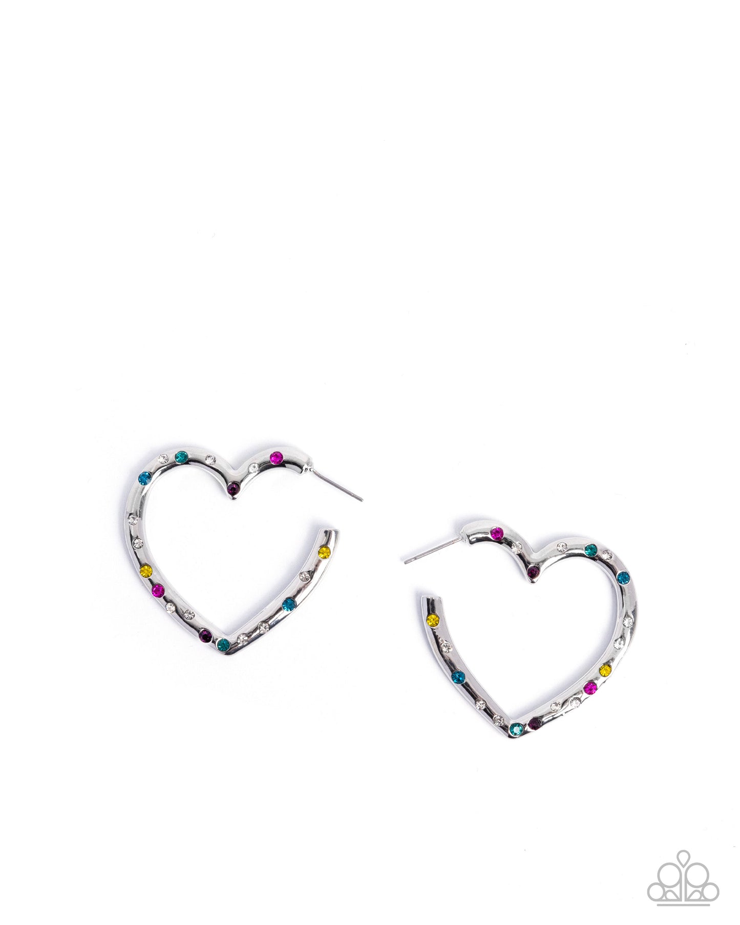 Mosaic Matchmaker - Multi Rhinestone Silver Heart Hoop Earrings - Paparazzi Accessories