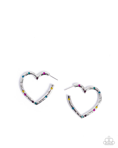 Mosaic Matchmaker - Multi Rhinestone Silver Heart Hoop Earrings - Paparazzi Accessories