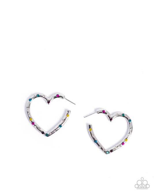 Mosaic Matchmaker - Multi Rhinestone Silver Heart Hoop Earrings - Paparazzi Accessories