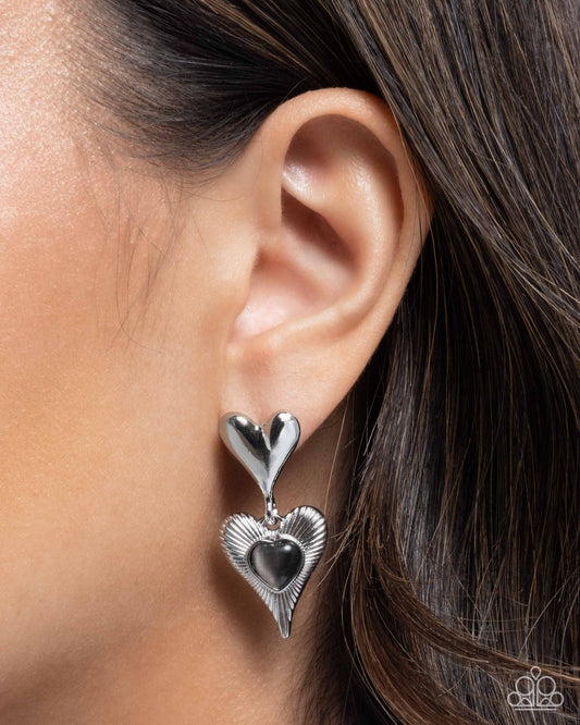 Heart Habitat - Black Cat's Eye Stone Silver Heart Post Earrings - Paparazzi Accessories