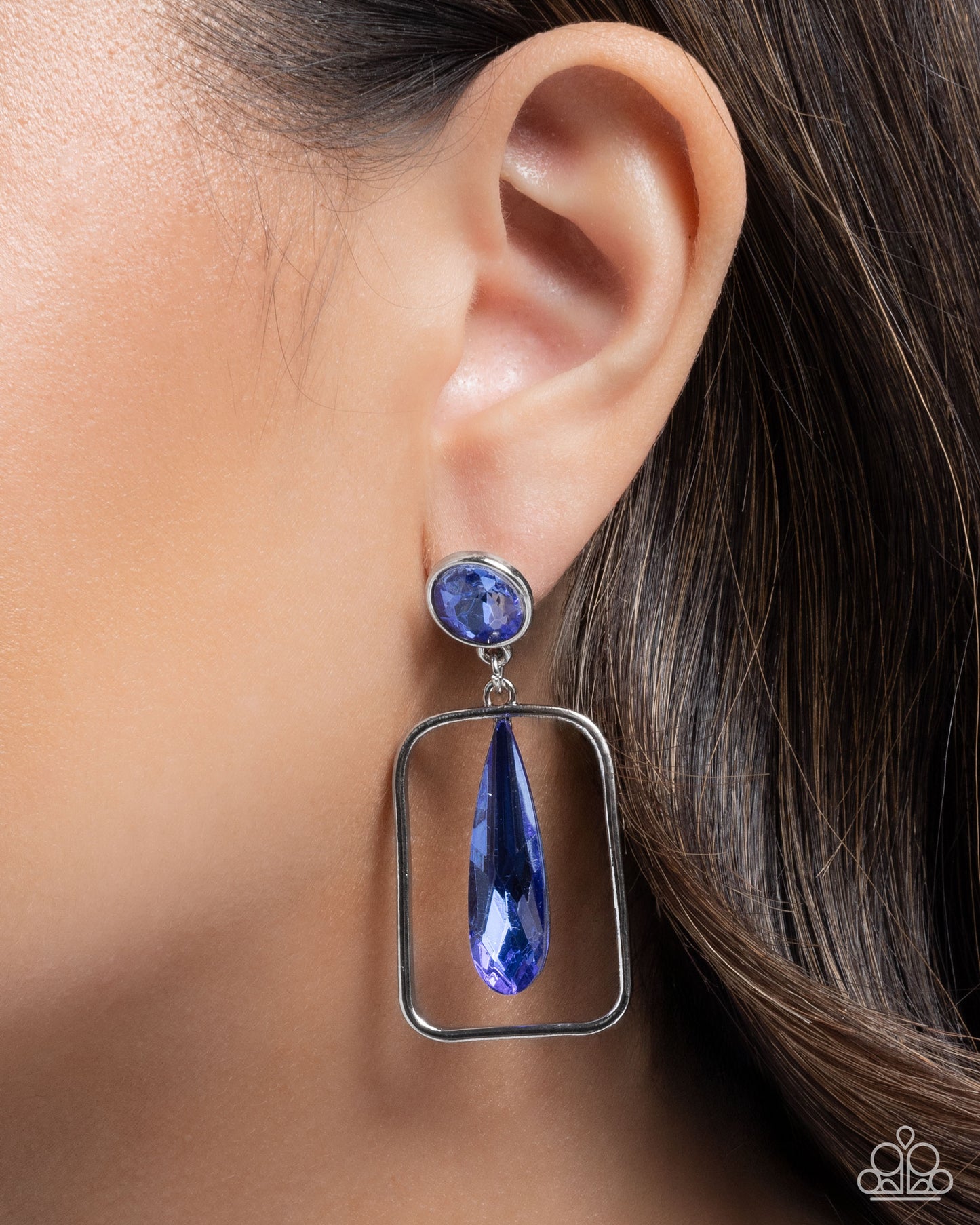 Future Framing - Blue Rhinestone Silver Post Earrings - Paparazzi Accessories