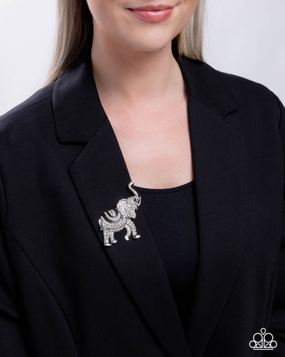 Elephant Embrace - Black Enamel White Rhinestone Silver Brooch - Paparazzi Accessories