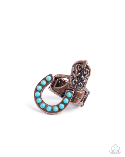 Western Wraparound - Copper Cowboy Boot Turquoise Crackle Stone Horseshoe Ring - Paparazzi Accessories