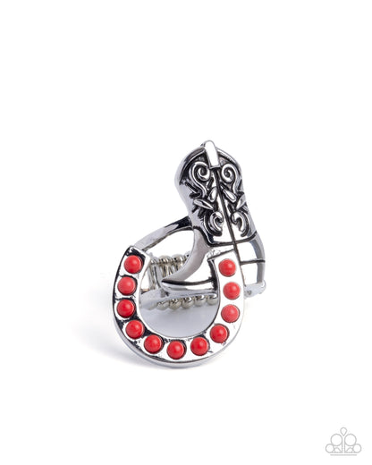 Western Wraparound - Red Crackle Stone, Silver Boot & Horse Shoe Ring - Paparazzi Accessories