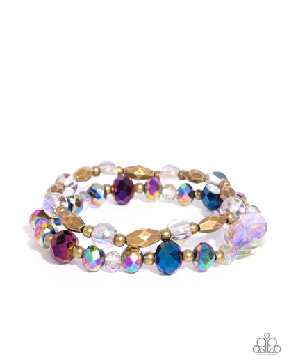 Faceted Fervor - Brass Beaded Stretchy Bracelet - Paparazzi Accessories