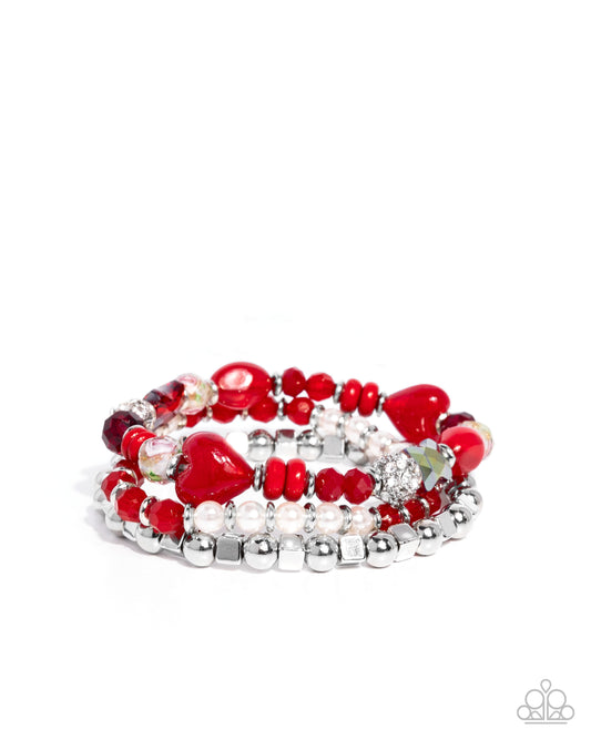 Doting Delight - Red Beaded Silver StretchyBracelets - Paparazzi Accessories