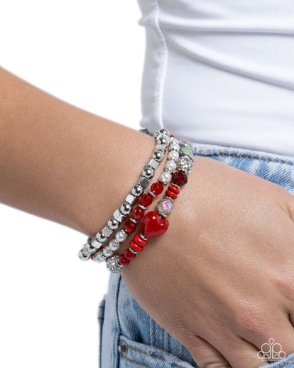 Doting Delight - Red Beaded Silver StretchyBracelets - Paparazzi Accessories