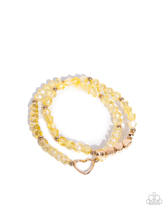 Profound Pop of Color - Yellow Beads Gold Heart Stretchy Bracelets - Paparazzi Accessories