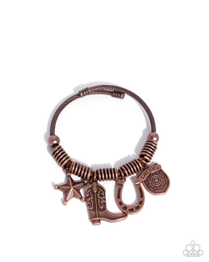 New Sheriff in Town - Copper Western Charms Flexible Cuff Bracelet - Paparazzi Accessories