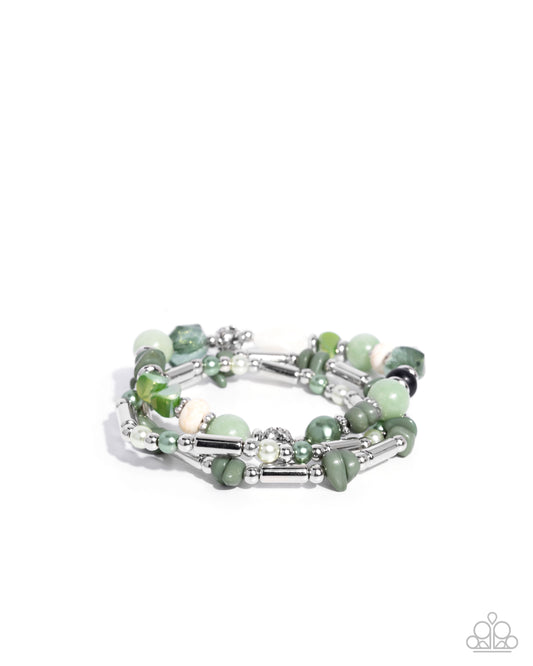 Flashy Fiction - Green Beads Silver Stretchy Bracelets - Paparazzi Accessories