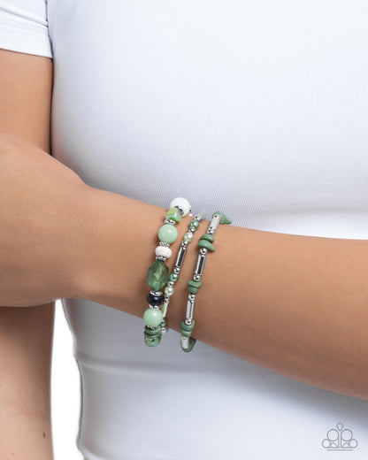 Flashy Fiction - Green Beads Silver Stretchy Bracelets - Paparazzi Accessories