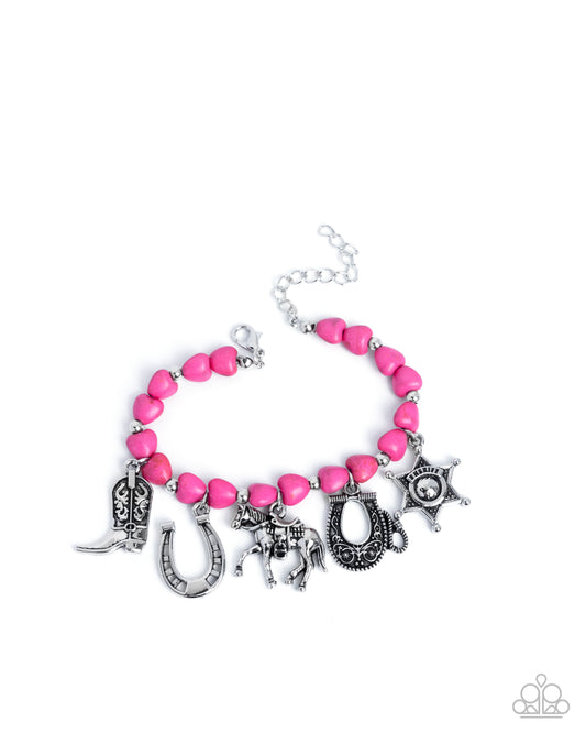 Cowboy Chorus - Pink Crackle Stone Heart Silver Charm Clasp Bracelet - Paparazzi Accessories