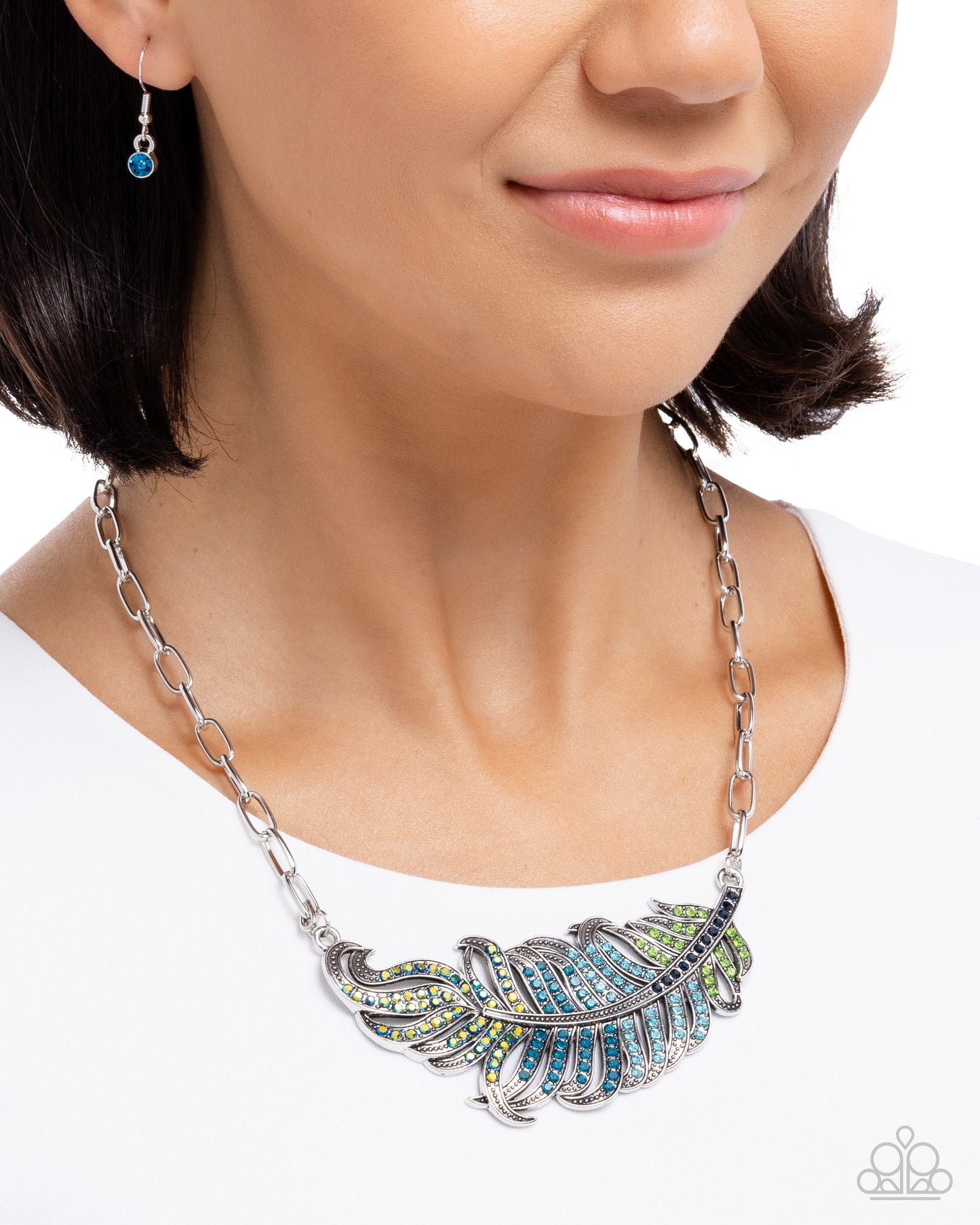 Fancy Feather - Blue Rhinestone Peacock Feather Necklace - Paparazzi Accessories