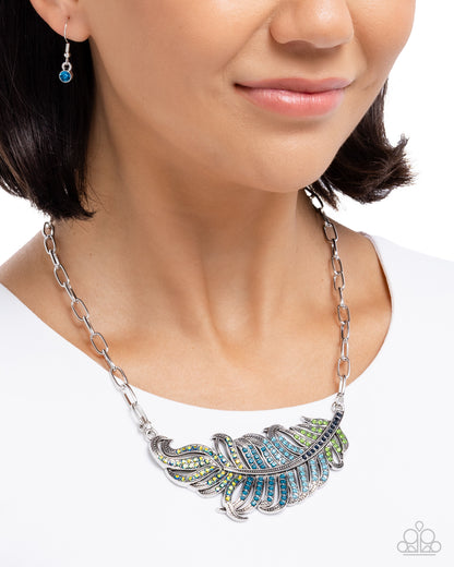 Fancy Feather - Blue Rhinestone Peacock Feather Necklace - Paparazzi Accessories