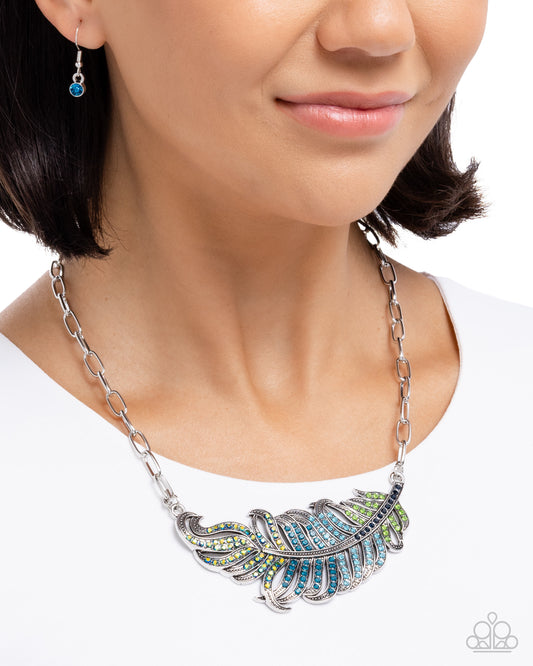 Fancy Feather - Blue Rhinestone Peacock Feather Necklace - Paparazzi Accessories