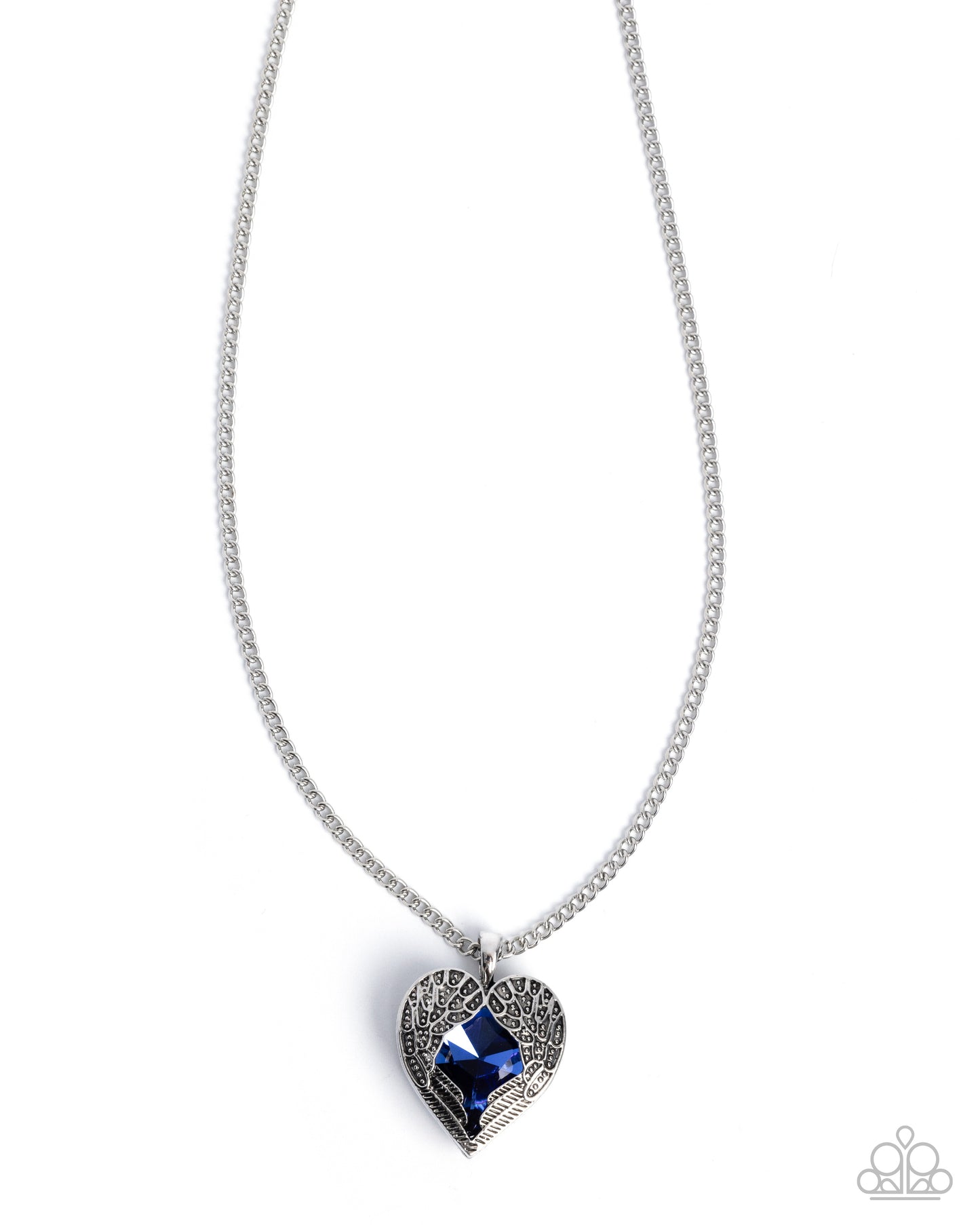 Heartfelt Honor - Blue Rhinestone Heart Silver Angel Wing Pendant Necklace - Paparazzi Accessories