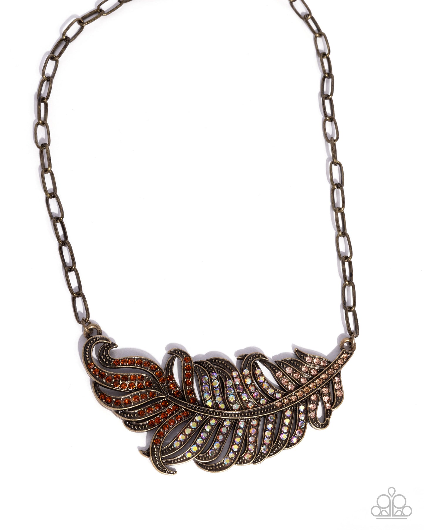 Fancy Feather - Brass Peacock Feather Necklace - Paparazzi Accessories