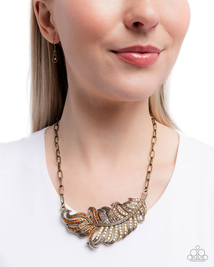 Fancy Feather - Brass Peacock Feather Necklace - Paparazzi Accessories
