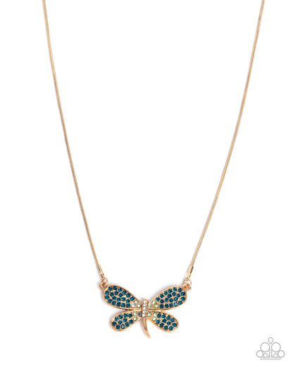 Dragonfly Direction - Gold, Blue and White Dragonfly Pendant Necklace - Paparazzi Accessories