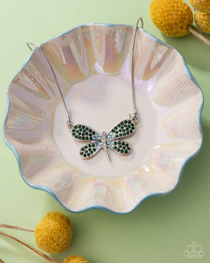 Dragonfly Direction - Green Rhinestone Dragonfly Necklace - Paparazzi Accessories