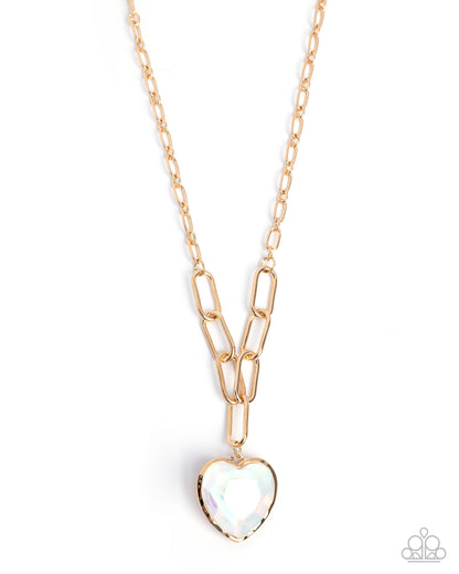 HAUTE Heart - White Iridescent Heart Rhinestone Gold Necklace - Paparazzi Accessories